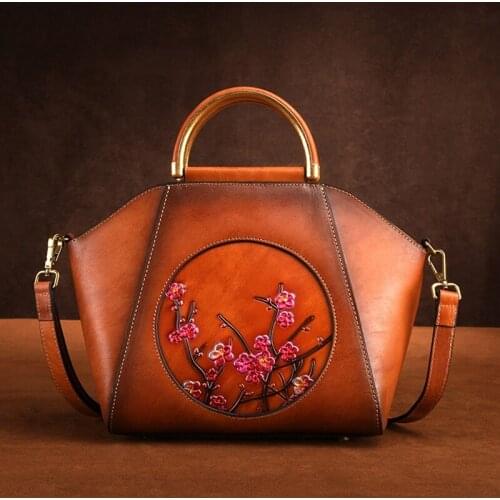 Rerto Handmade Embossing Women Bag 2021 New Floral Genuine Leather Large Capacity Woman Handbags Cowhide Shoulder Crossbody Bags