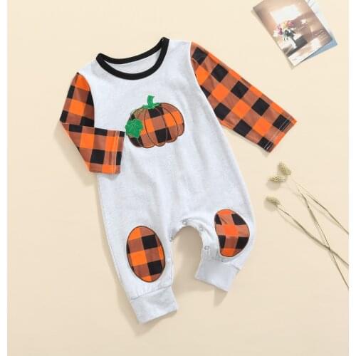 0-24M Halloween Newborn Baby Girls Boy Jumpsuits Simple Pumpkin Plaid Patchwork Long Sleeve Soft Jumpsuits