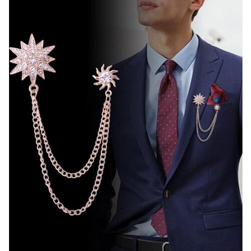 Korean Metal Crystal Star Brooch Mens Unisex Suit Shirt Collor Pin Rhinestone Tassel Chain Badge Fashion Jewelry Accessories