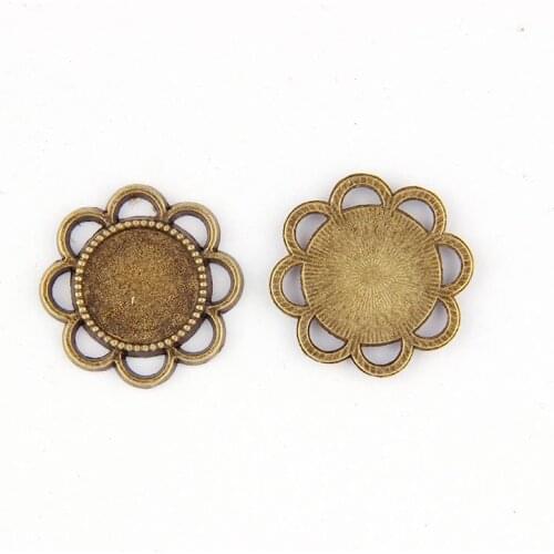 Fit 14mm Round Flower Antique Bronze Pendants Setting Cabochon Cameo Base Tray Bezel Blank DIY Jewelry Findings