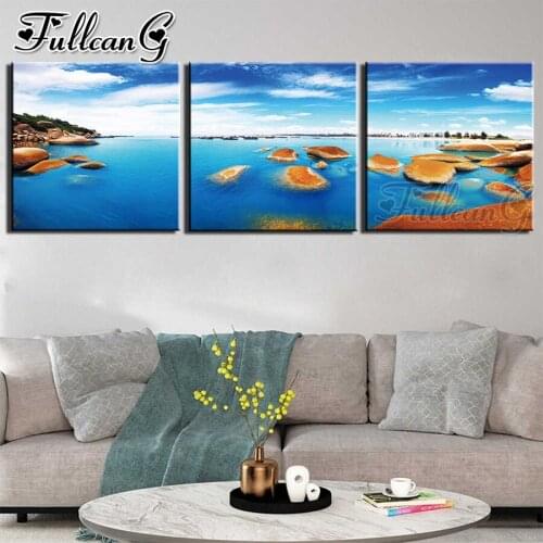 FULLCANG 5d diy diamond embroidery sale blue sea island scenery triptych painting full square round mosaic pattern kit FC3504