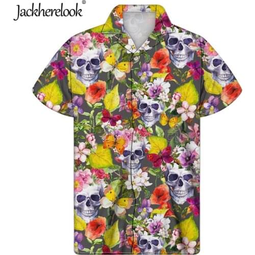Jackherelook New Tropical Floral Skull Hawaiian Shirts for Mens Clothing Summer Day Of The Dead Skull Designer Beach Top Shirt
