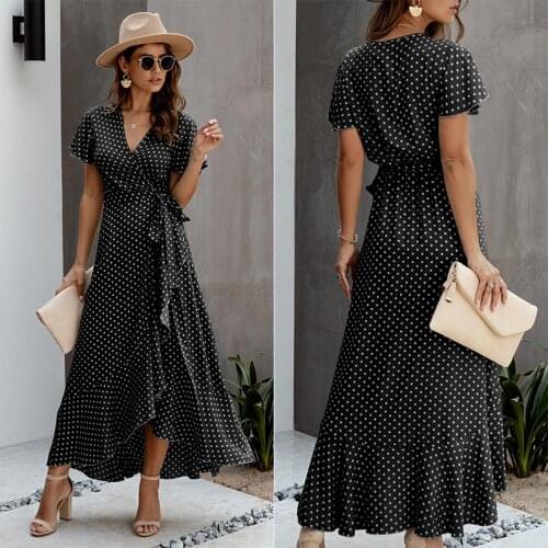 Polka Dot Sexy Summer Long Dress Women Polka V Neck Ruffle Short Sleeve Vacation Long Beach Ladies Lace Tied Wrap Party Dress