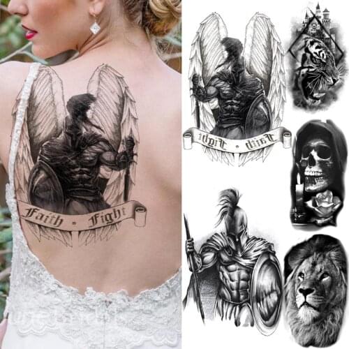 Realistic Knight Back Angel Wings Temporary Tattoos For Women Adult Tiger Lion Skull Fake Tattoo Body Art Waterproof Tatoo Faith