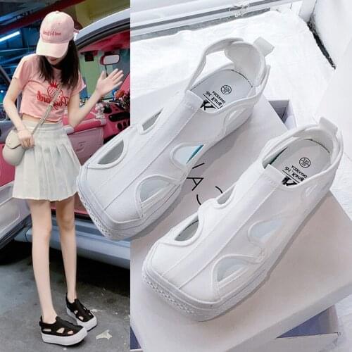 Summer Womens Vulcanize Shoes Hollow Out White Shoes Ladies Velcro Comfort Sandals Breathable Walking Canvas Zapatillas Mujer