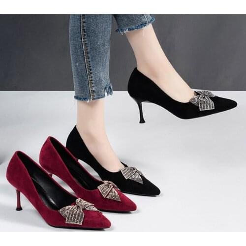 Spring Summer Women Pumps Pointed Toe Sandals Bowtie Bling High Heels Dress Shoes Faux Suede Slingback Sandalias Mujer 9155G