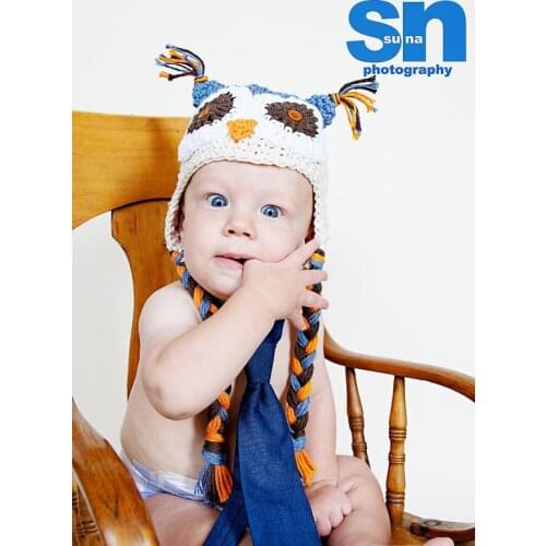 Free shipping,Handmade blue/white Owl hat Crochet hat Baby Girls' boys Kids cap Owl Beanie Infant toddler earflap