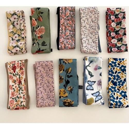 Sweet Floral Silk Scarf For Women Small Long Skinny Scarves Handle Bag Ribbons Head Scarf Long Ribbon Ponytail Hair Bands