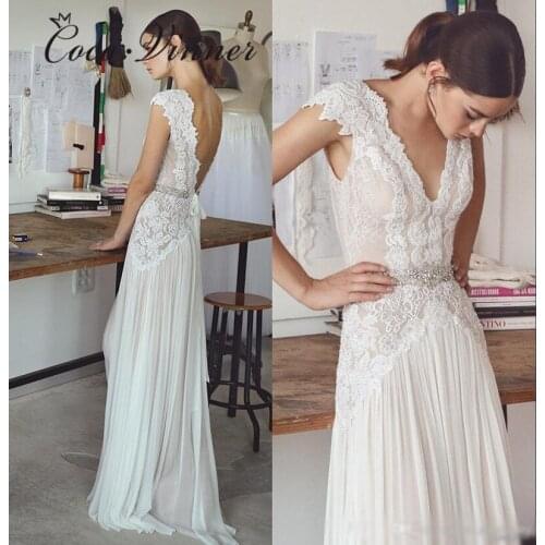 Backless A line Boho Wedding dress Sleeveless Crystal Sashes Sweep Train Pearl beading Chiffon Beach Wedding Dresses W0245
