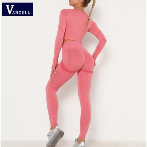 Vangull Seamless Women Sport Set For Gym Long Sleeve Shirts High Waist Leggings Skinny Clothes Seamless Sport Suit Sexy Yoga Set