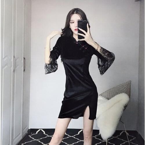Focal20 Streetwear Vintage Solid Color Velvet Women Cheongsam Dress Lace Patchwork Split Female Dress Sheath Autumn Lady Dresses