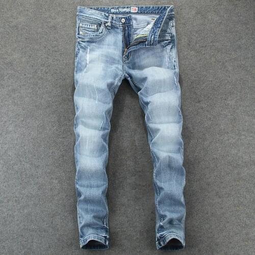 European American Vintage Fashion Men Jeans Retro Light Blue Elastic Slim Fit Ripped Jeans Men Korean Style Denim Pencil Pants