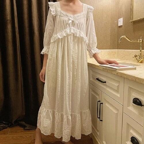 High Quality Cotton Womens Long Nightgowns Princess Delicate Embroidery Three Quarter Sleeve White Loose Sleepwear Plus Size