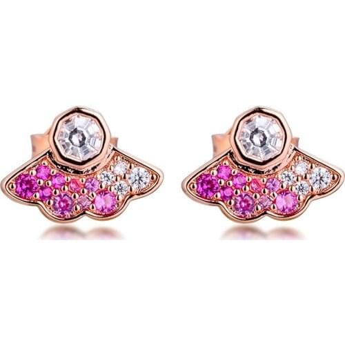 Genuine 925 Sterling Silver Earrings for Women Rose Gold Pink Fan Stud Earrings Female Jewelry brincos Wholesale