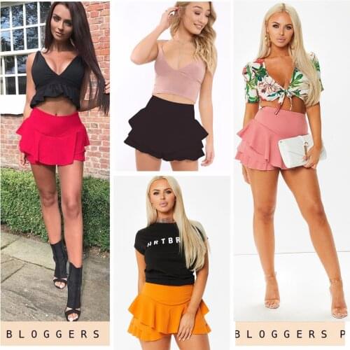 2019 High Waist Shorts Skirts Women Solid Mini Ruffles Hem Pleated Skirt Shorts Womens Layered Skirt Style Shorts Female 4 Colo
