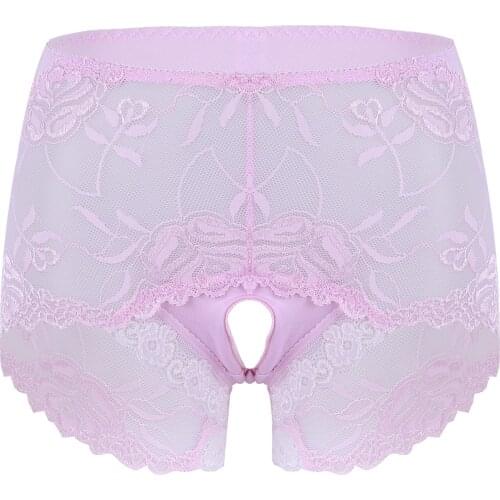 Women Lingerie Open Crotch Panties See-through Lace Patchwork Elastic Waistband Underpants Underwear Mid Waist Crotchless Briefs