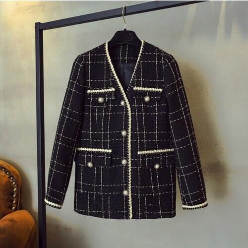 2021 New Retro Plaid Wool Brends Coat Women Luxury Designer Brand Fashion V Neck Plaid Wide Waisted Tweed Woman Jacket