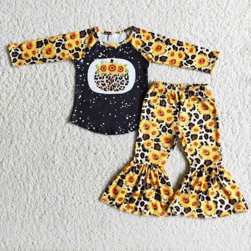 2Pcs Kids Halloween Outfits Sunflower Cheetah Long Sleeves Tops+ Pumpkin Print Bell-Bottoms for Girls 18 Months to 6 Years