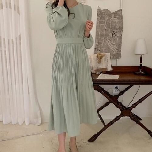2021 Spring Autumn Chiffon Midi Dress Casual O-neck Long Sleeve Female Pleated Dress Elegant Women Lace-up Slim Party Dress