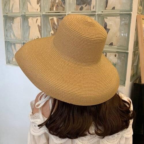 2021 Beach Holiday Oversize Panama Large Sun Hat Women Elegant European Wide Brim Straw Hats UV Protection Hawaii Caps Headwear