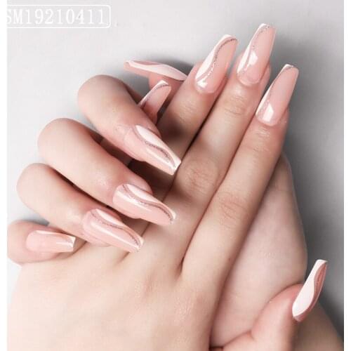 24Pcs Glossy Skin Color French False Nails Silver edge Extra Long Coffin Ballerina Nail Art Accessories Fashion Manicure Sticker