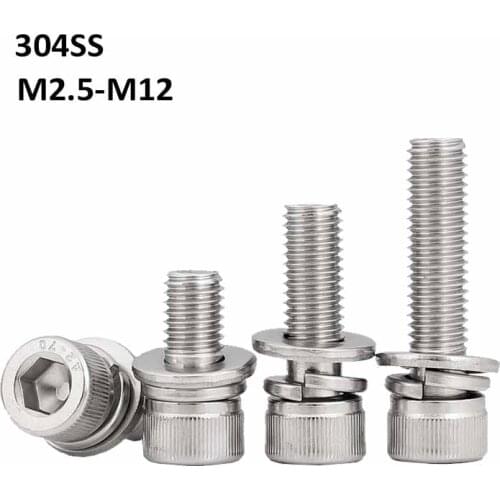 304 Stainless Steel Hex Socket Head Screws Cap Bolts With Flat Spring Washer Combination M2.5 M3 M4 M5 M6 M8 M10 M12