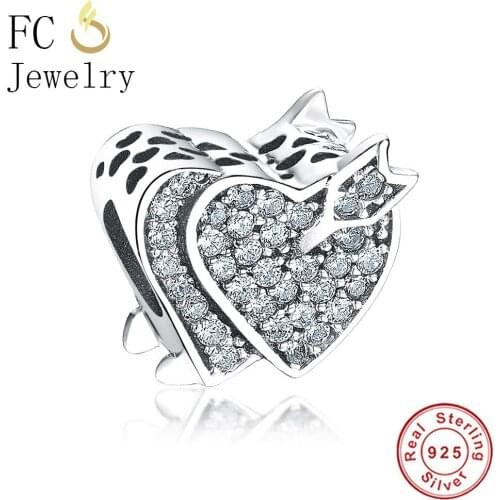 FC Jewelry Fit Original Brand Charm Bracelet 925 Silver Cupid Arrow Double Love Heart CZ Stone Beads for DIY Making Berloque