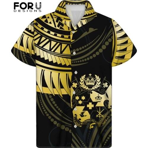 FORUDESIGNS Polynesian Tribal Tongan Pattern Short Sleeve Shirts For Men Single Button New Trend Fitness Breathable Clothes