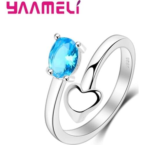 Pretty Sky Blue Crystal 925 Sterling Silver Band Rings Oval Cubic Zircon Stone with Heart Design Adjustable Free Size