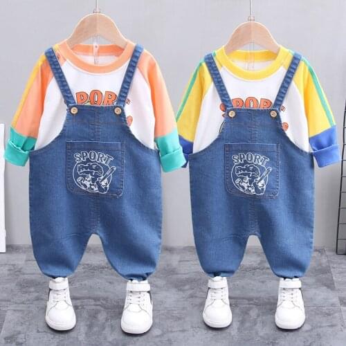 Baby boy clothes autumn fashion denim overalls set boy cartoon dinosaur cotton top casual denim overalls baby two-piece suit