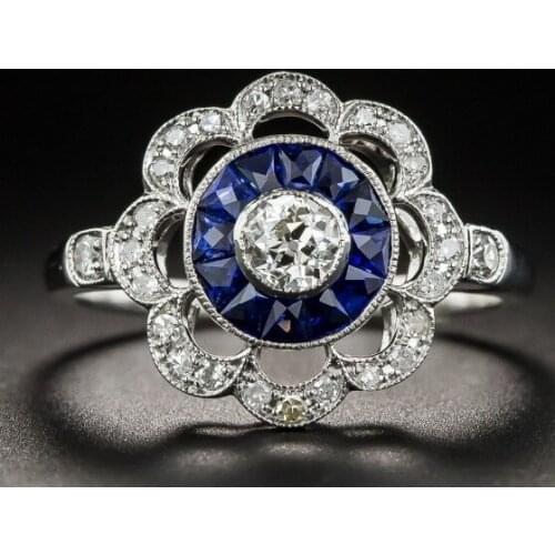 Fashion Hollow Flower Shape Rings for Women Wedding Blue Zircon Ring Dazzling Full Drill Engagement Jewelry Ring Love Gifts