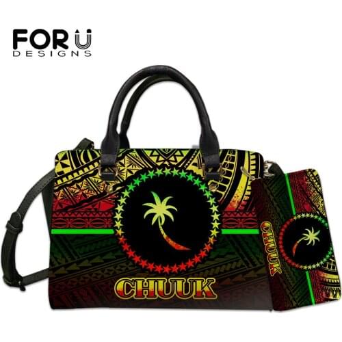 FORUDESIGNS Fashion Handbags for Women Chuuk Polynesian Tribal Pattern Large Capacity Ladies 2pcs Set Pu Shoulder Bag And Wallet