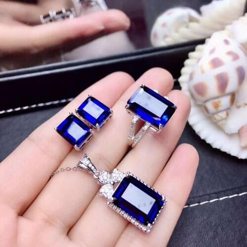Real Natural Sapphire jewelry set Natural Real Sapphire 925 sterling silver 1pc pendant,1pc ring,2pcs Earring