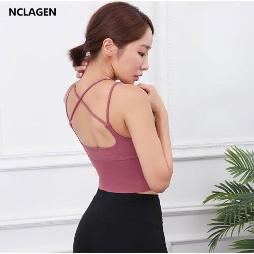NCLAGEN Yoga Vest Sexy Push-up Sports Top Women Workout Thin Shoulder Strap Fitness Bra Back Cross Elastic Halter Gym Underwear