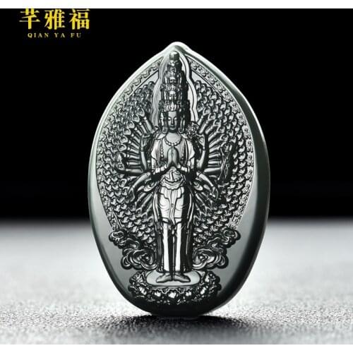 Natural grade A hetian green jade pendant black jade guanyin handcarved jadeite jade necklace for men pendants jade jewelry