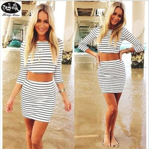 2019 New Summer Women Two Piece Outfits Crop Top And Skirt Set Women O-Neck Striped Tank Top With Mini Skirt 2 Piece Set Women