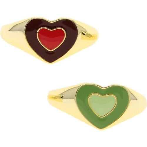 2021 Autumn New Gold Color Olive Green Chocolate Brown Enamel Heart Finger Ring For Women