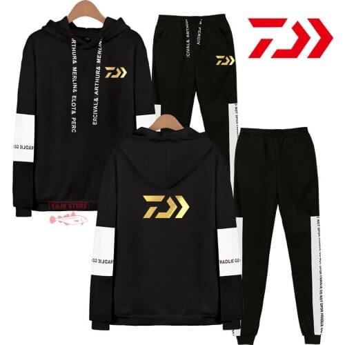 New Autumn Daiwa Men Fishing Suits Tracksuit Hooded Sweatshirt Drawstring Sportswear Male Suit Pullover Two Piece Casual Set