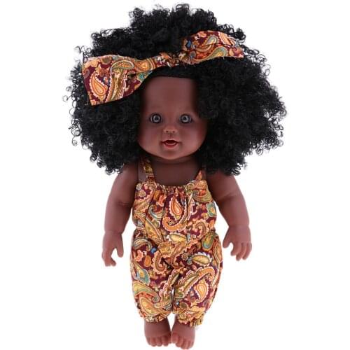 Realistic Vinyl Baby Girl Doll - Reborn 12inch African American Doll - Black Curly Hair Kids Birthday Gift Festival Present