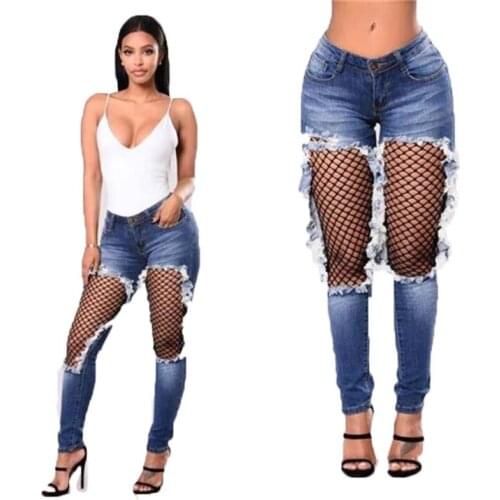 Sexy Fishnet Patchwork Jeans Women Fashion High Waist Ripped Hole Denim Pants Female Skinny Tassel Jeans