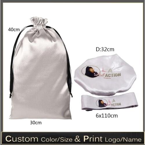 18x30/30x40cm Silver Silk Satin Bag Hair Extensions Packaging Wrap/Headband/Bonnets/Cap/Bag Custom Logo Drawstring Gift Bags