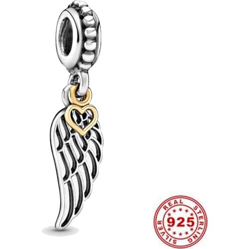 Hot Sale 925 Sterling Silver Charms Angel Wing and Heart Dangle Charm fit Original Pandora Bracelet silver 925 jewelry