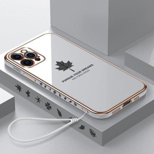 Luxury Cute Maple Leaf Square Plating Silicone Phone Case For iPhone 13 12 11 Pro XS max SE XR 8 7 Plus Ultra-thin Lanyard Cover