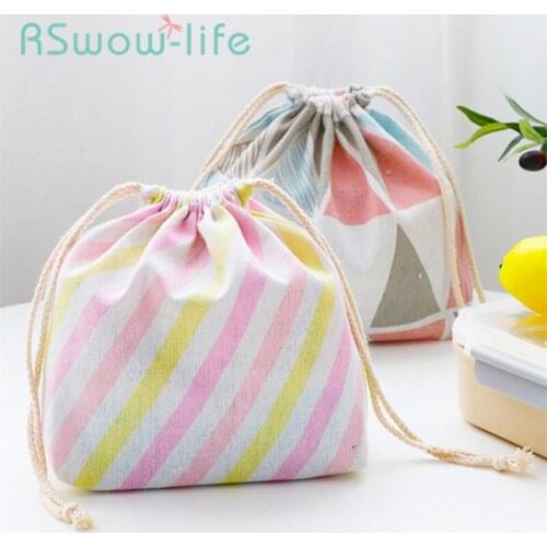 Cute Cotton And Linen Simple Lunch Box Bags Bundles Handbags Student Lunch Bags Hangable Rope Pulling Travel Portable Home Bag
