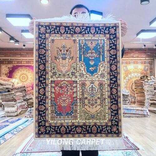 Yilong 1.5'x2' handmade persian silk carpet miniature small mini medallion rug (ZQG296A)