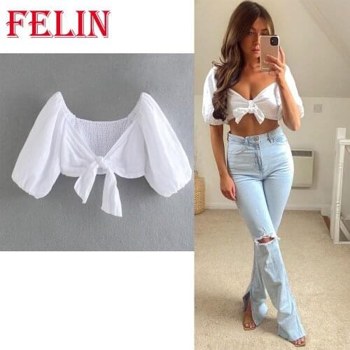 Women Summer White Loose Za Shirt Linen V-Neck Cardigan bow-knot Puff Sleeve Elegant Mujer Y2K Tops Casual Blouses