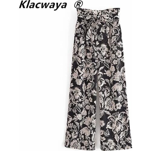 Klacwaya Za 2021 Womens Pants Bow Belt Black Print High Waisted Trousers Vintage Baggy Straight Wide Leg Pants Woman Zip Fly