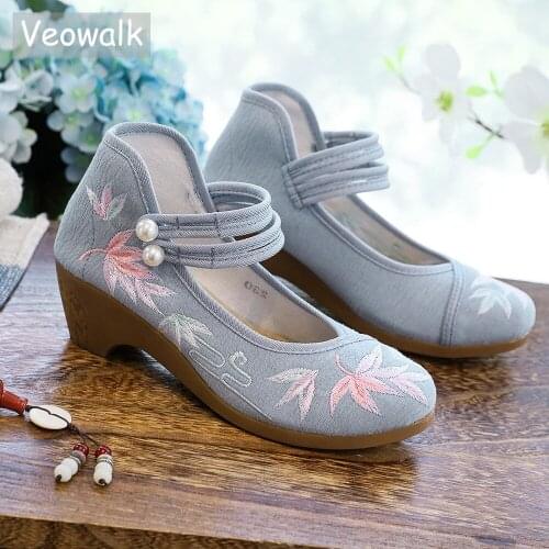 Veowalk Women Jacquard Fabric 4cm Medium Heel Shoes Elegant Ladies Comfortable Embroidered Pumps Retro Chinese Dress Shoes
