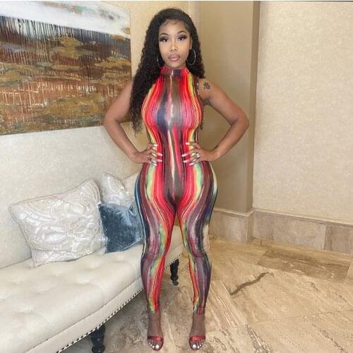 Tie Dye Print Long Pants Jumpsuit Womens Jumpsuit Zipper Patchwork Casual Sleeveless Rompers Fashion