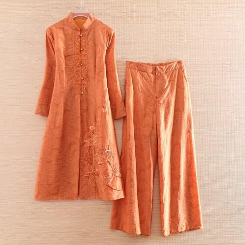 High-end Tang Dynasty Autumn Women 2 Pieces Tencel Set Embroidery Coat Top + Wide Leg Pants Elegant Lady Suit S-XXL